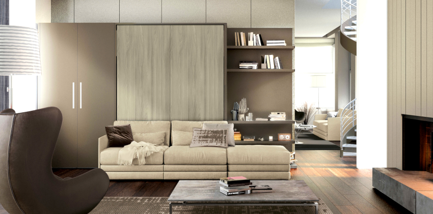 כשהוא מורכב, המיטה המתהפכת הופכת למלתחה לאחסון בגדים ומצעים כשהוא מורכב, המיטה המתהפכת הופכת למלתחה לאחסון בגדים ומצעים