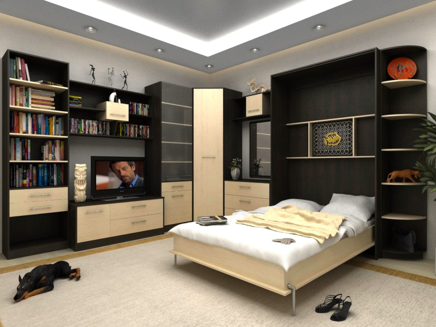 החלל הריק של הנישה מלא במדפים מתקפלים או בלוח פלזמה החלל הריק של הנישה מלא במדפים מתקפלים או בלוח פלזמה