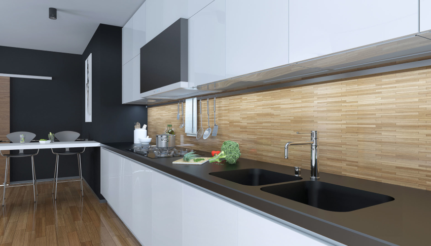 Huipputekninen keittiön sisustus näyttää hyvältä, kun esiliina on lattian väri Huipputekninen keittiön sisustus näyttää hyvältä, kun esiliina on lattian väri