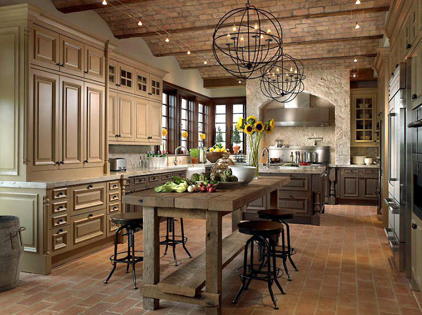 หินใช้สำหรับผนังพื้นและฝ้าเพดานในห้องครัวในชนบท หินใช้สำหรับผนังพื้นและฝ้าเพดานในห้องครัวในชนบท