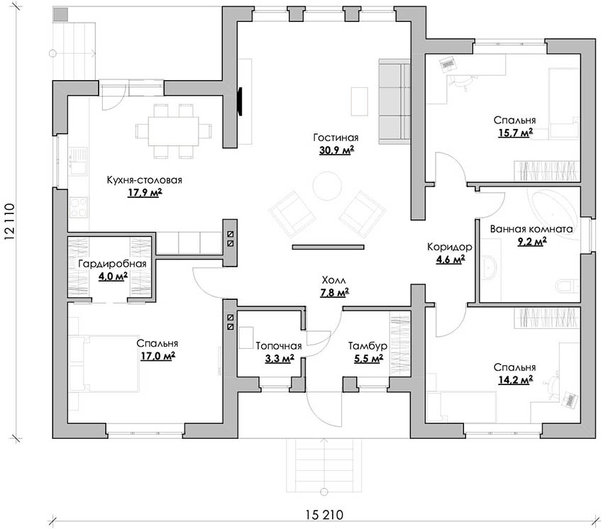 Projekt jednokatne kuće od opeke veličine 12,11x15,21 m2 Projekt jednokatne kuće od opeke veličine 12,11x15,21 m2