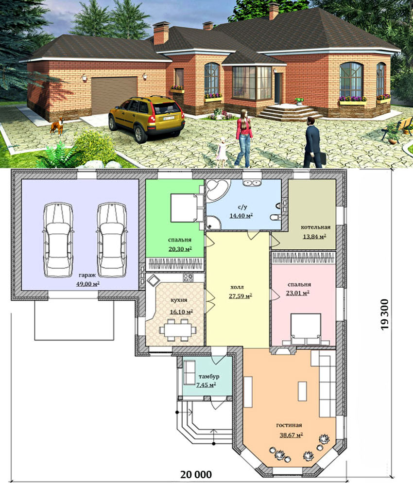 Projekt jednokatne kuće od opeke s garažom za dva automobila Projekt jednokatne kuće od opeke s garažom za dva automobila