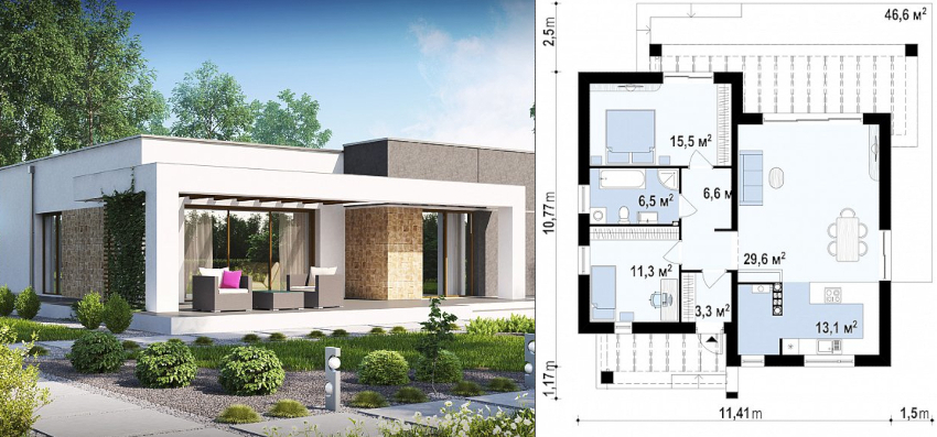 Prosjekt av et enetasjes hus laget av skumblokker 11x11 m Prosjekt av et enetasjes hus laget av skumblokker 11x11 m
