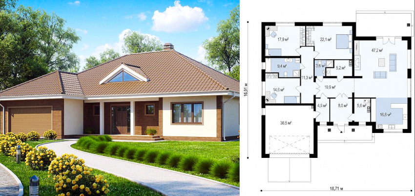 Prosjektet med et enetasjes hus fra skumblokker med garasje Prosjektet med et enetasjes hus fra skumblokker med garasje