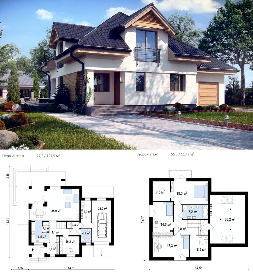 Prosjektet med et to-etasjes hus laget av skumblokker med et samlet areal på 240 m² Prosjektet med et to-etasjes hus laget av skumblokker med et samlet areal på 240 m²