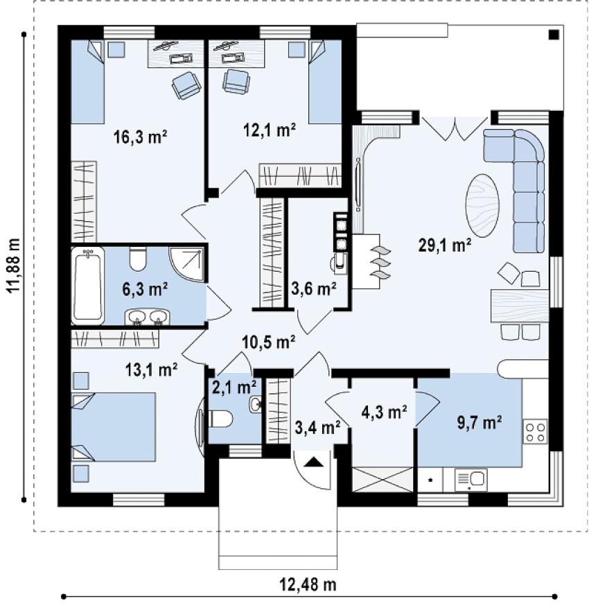 Prosjektet til et enetasjes hus laget av skumblokker 12x12 m Prosjektet til et enetasjes hus laget av skumblokker 12x12 m