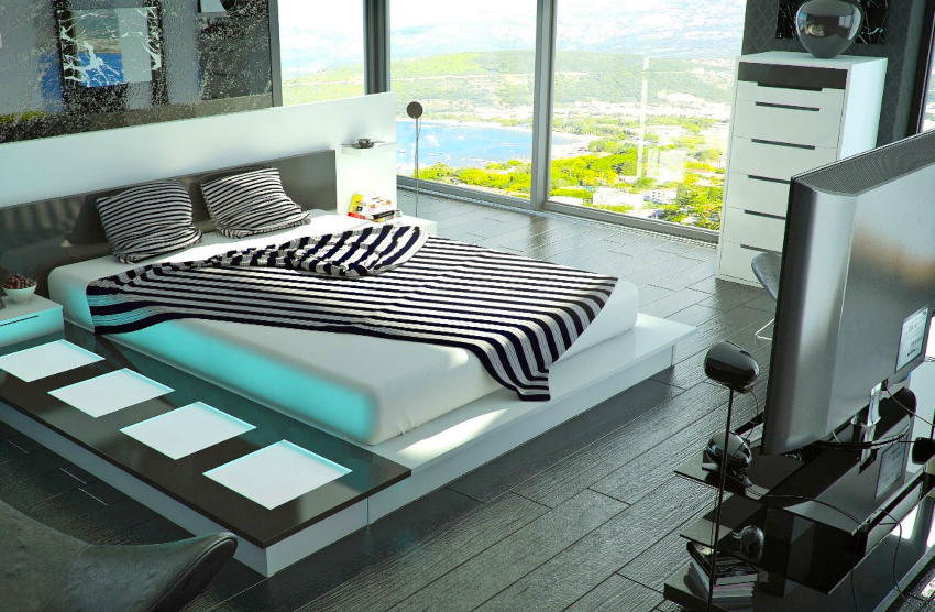 Du kan installere en massiv gulvvase eller en usædvanlig lampe i nærheden af sengen. Du kan installere en massiv gulvvase eller en usædvanlig lampe i nærheden af sengen.