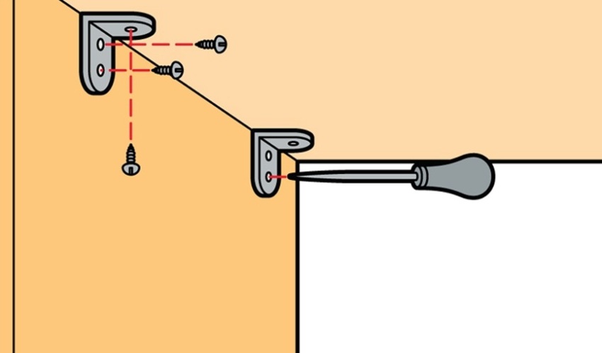 Закрепване на ъгловия стенен рафт с помощта на винтове Закрепване на ъгловия стенен рафт с помощта на винтове