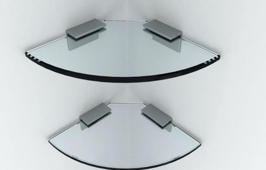 Ъгловите стъклени рафтове са фиксирани към стената със специални скоби Ъгловите стъклени рафтове са фиксирани към стената със специални скоби