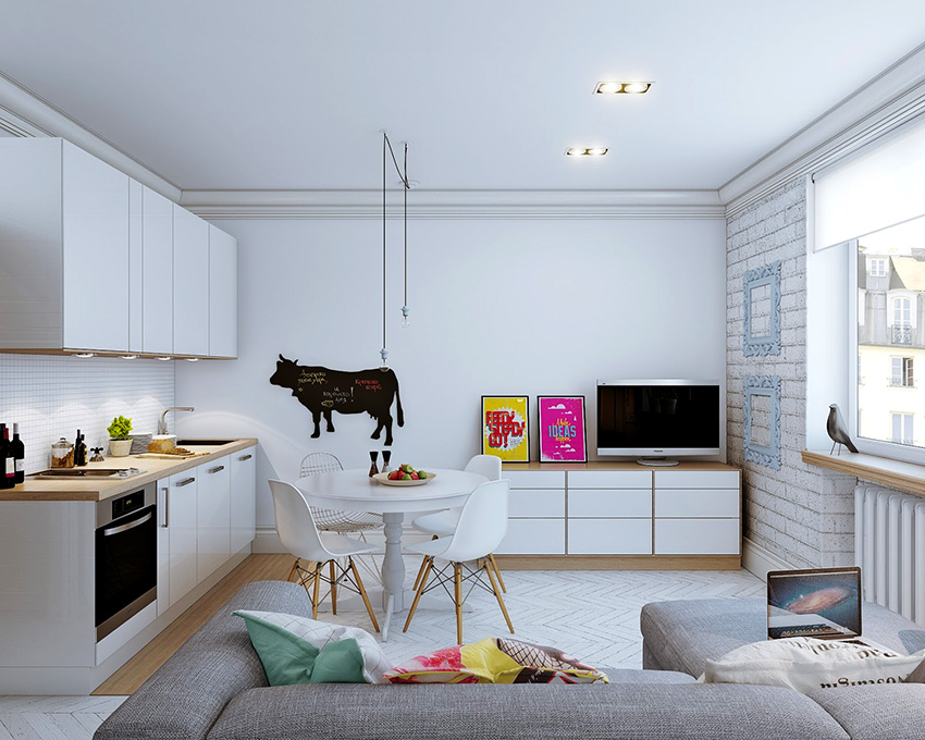 Kombináciou kuchyne a obývacej izby v malom byte je možné usporiadať jedálenský kút Kombináciou kuchyne a obývacej izby v malom byte je možné usporiadať jedálenský kút