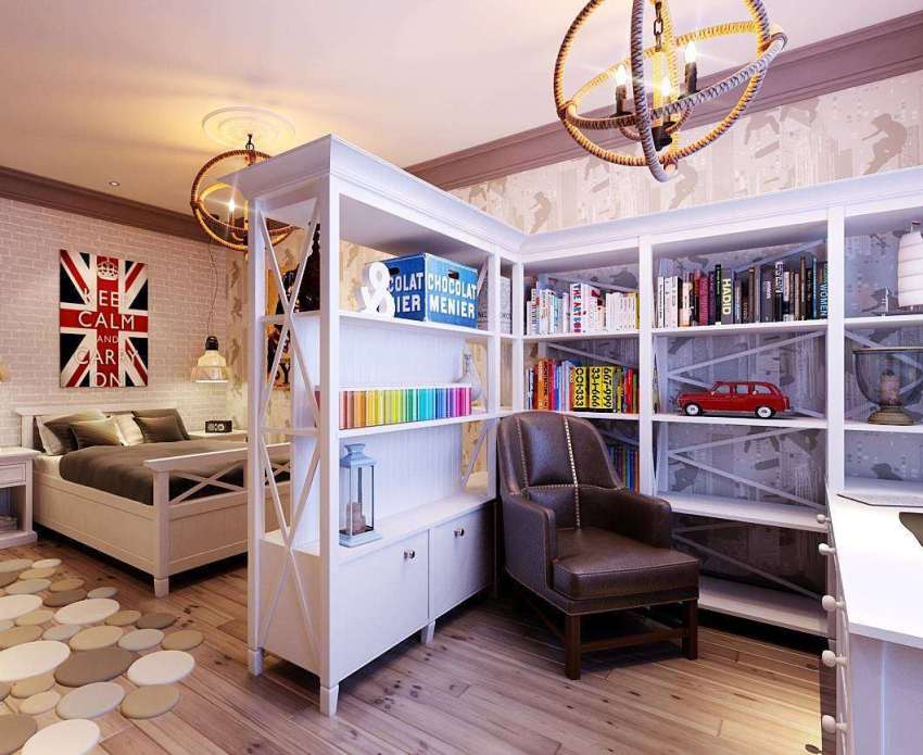 Rommet er delt inn i soner ved hjelp av forskjellige materialer for individuelle vegg- og gulvsegmenter, samt ved hjelp av møbler. Rommet er delt inn i soner ved hjelp av forskjellige materialer for individuelle segmenter av vegger og gulv, samt bruk av møbler