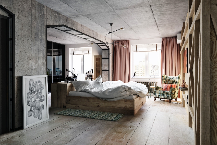 For a loft-style bedroom, it is better to use a light color scheme, for example, white, beige, gray. For a loft-style bedroom, it is better to use a light color scheme, for example, white, beige, gray.