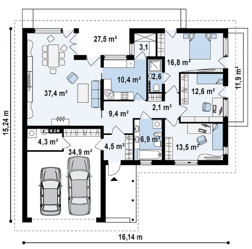 Projekt jednokatnice s garažom za dva automobila Projekt jednokatnice s garažom za dva automobila