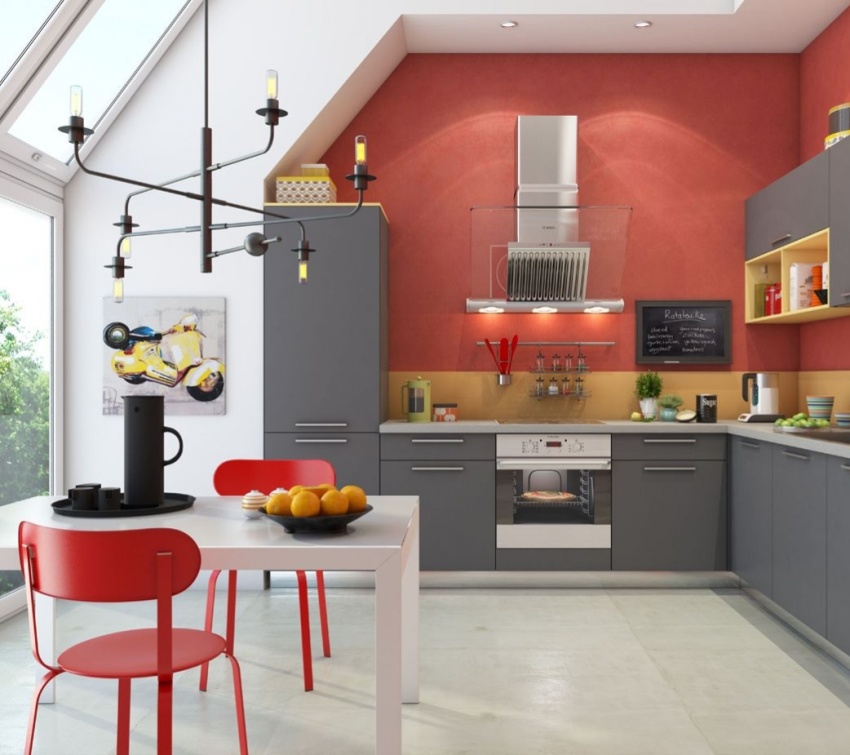 Alegerea unei combinații roșu-galben va fi armonioasă într-o bucătărie spațioasă Alegerea unei combinații roșu-galben va fi armonioasă într-o bucătărie spațioasă