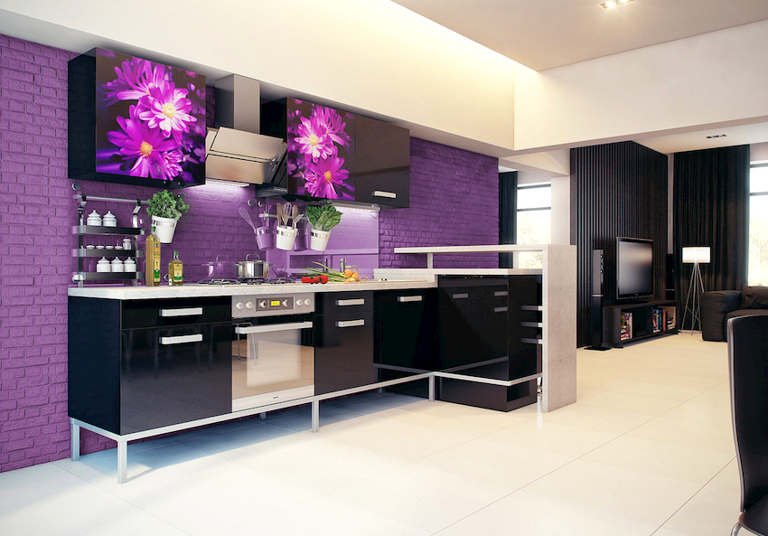 The combination of black and purple is a classic duet, but it must be used very carefully in the design of the kitchen. The combination of black and purple is a classic duet, but it must be used very carefully in the design of the kitchen.