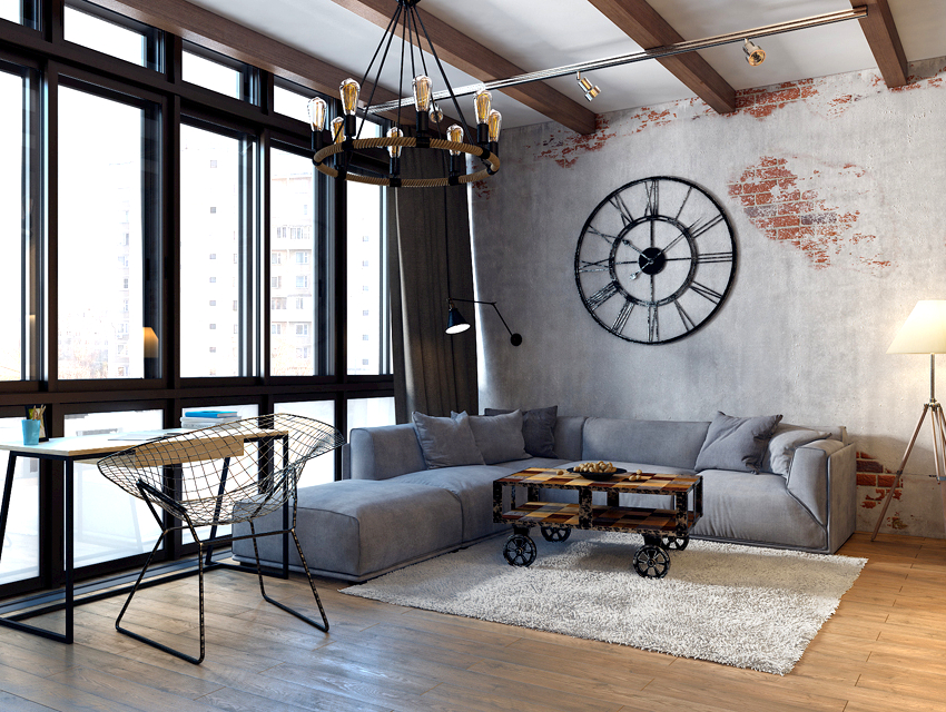 Nietypowy żyrandol sufitowy organicznie wpasuje się w styl loftowy, który przypomina koło z zamontowanymi w nim lampami Nietypowy żyrandol sufitowy organicznie wpasuje się w styl loftowy, który przypomina koło z zamontowanymi w nim lampami