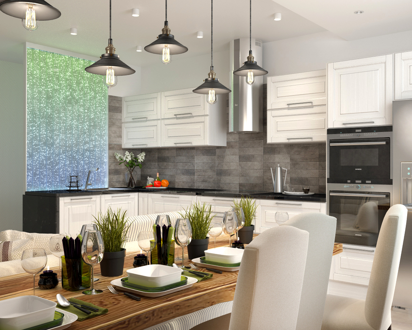 Ved bruk av et hengende belysningsalternativ på kjøkkenet over bordet, er det bedre å foretrekke modeller som har justerbar fjæringslengde Ved bruk av et anhengsbelysningsalternativ på kjøkkenet over bordet, er det bedre å foretrekke modeller som har justerbar opphengslengde