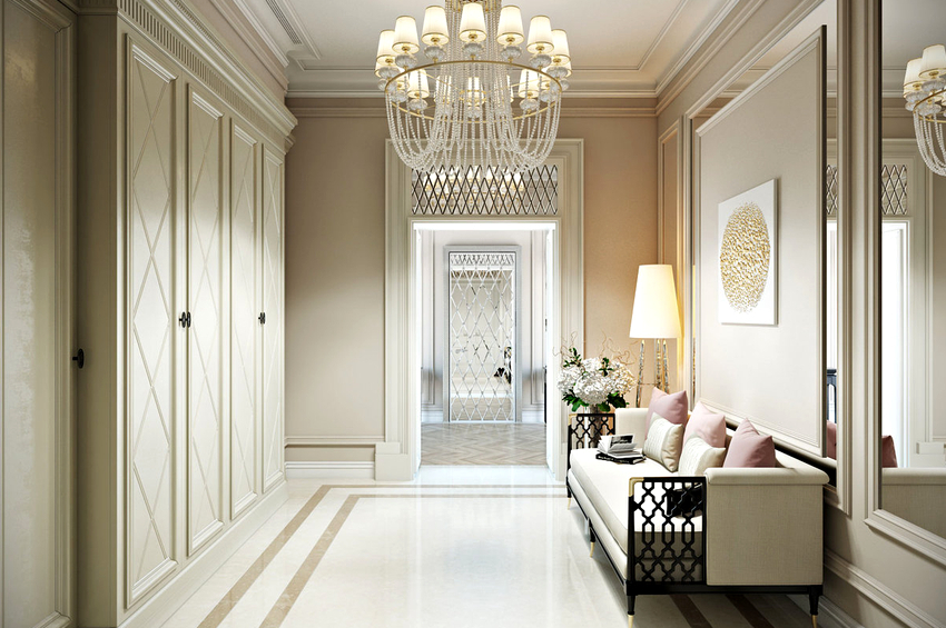 يتم تحديد طراز الردهة مع خزانة ملابس مدمجة بشكل مباشر من خلال تصميم واجهة الأثاث يتم تحديد طراز الردهة مع خزانة ملابس مدمجة بشكل مباشر من خلال تصميم واجهة الأثاث