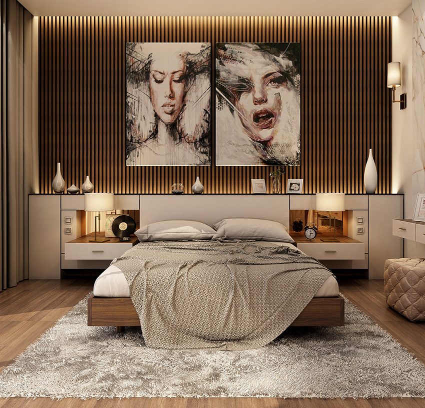 Un pat cu rafturi la cap este o soluție bună pentru un interior modern Un pat cu rafturi la cap este o soluție bună pentru un interior modern