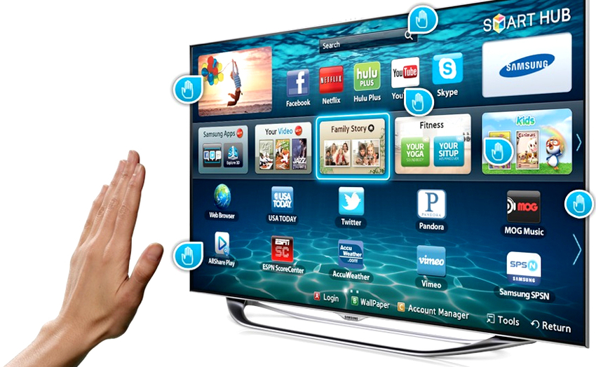 יתרון נוסף של טלוויזיות חכמות הוא האפשרות לשלוט על המסך גם בשלט רחוק וגם בקול, בתנועות יתרון נוסף של טלוויזיות חכמות הוא האפשרות לשלוט על המסך גם בשלט רחוק וגם בקול, בתנועות