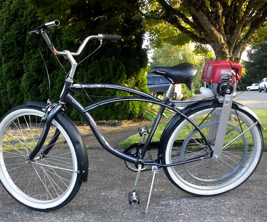 Ein Fahrrad benötigt nicht nur einen Kettensägenmotor, sondern auch ein Getriebe. Ein Fahrrad benötigt nicht nur einen Kettensägenmotor, sondern auch ein Getriebe.