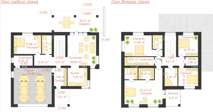 Prosjekt av et to-etasjes hus med garasje og en mursteinterrasse Prosjekt av et to-etasjes hus med garasje og en mursteinterrasse