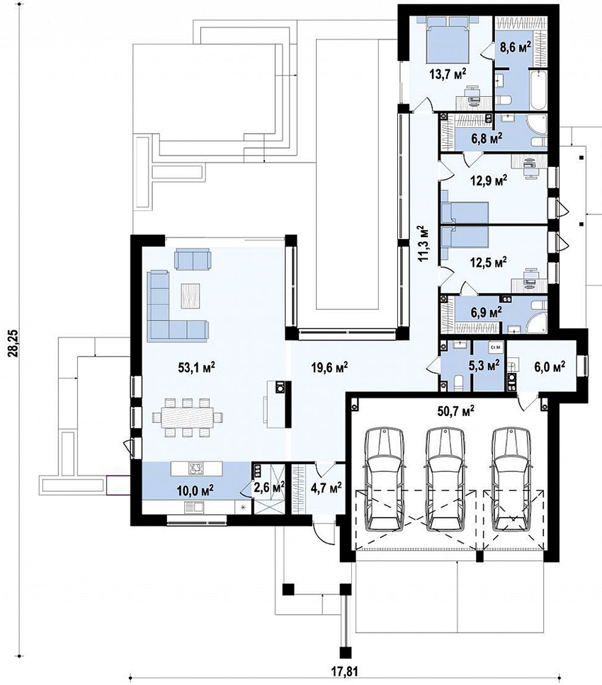 L-formet husprosjekt med garasje for tre biler L-formet husprosjekt med garasje for tre biler