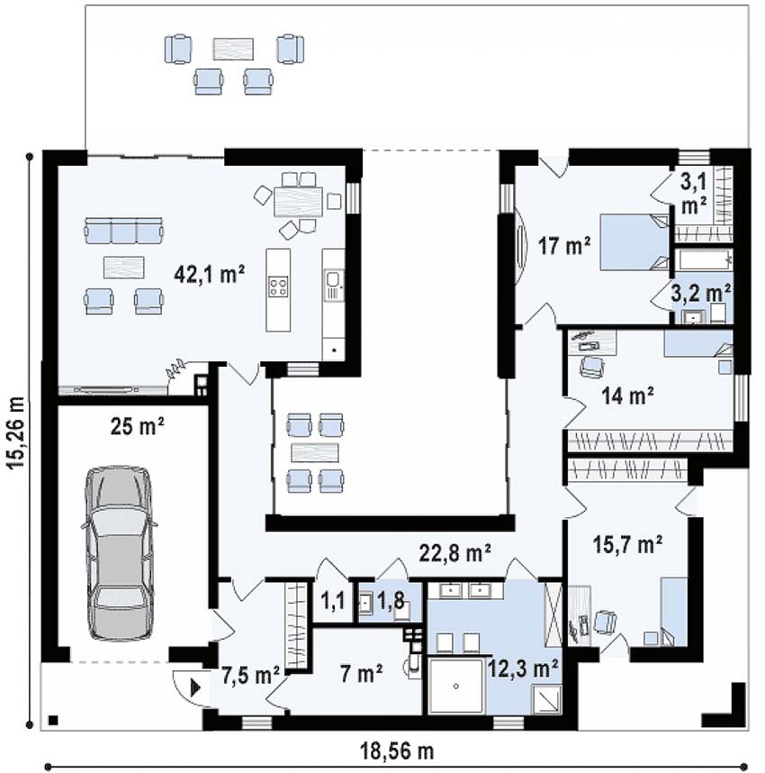 Prosjekt av et etasjes rektangulært hus med garasje og terrasse Prosjekt av et etasjes rektangulært hus med garasje og terrasse