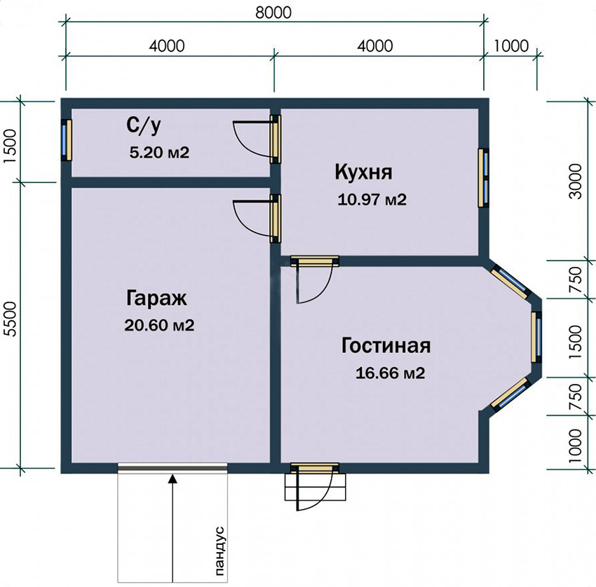 Prosjektet med et lite enetasjes hus med en garasje som måler 8x8 meter Prosjektet med et lite enetasjes hus med en garasje som måler 8x8 meter
