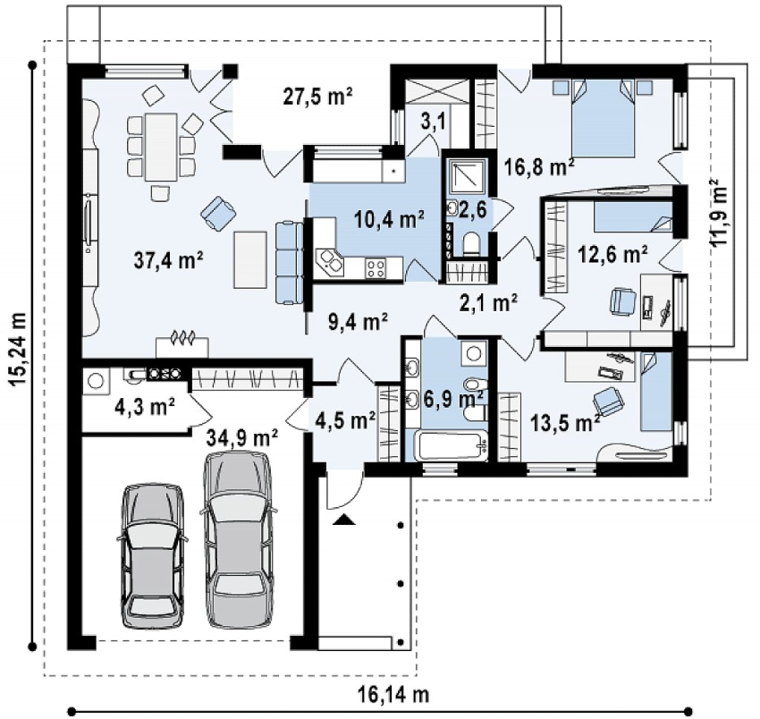 Prosjektet med et enetasjes murhus med garasje for to biler Prosjektet med et enetasjes murhus med garasje for to biler