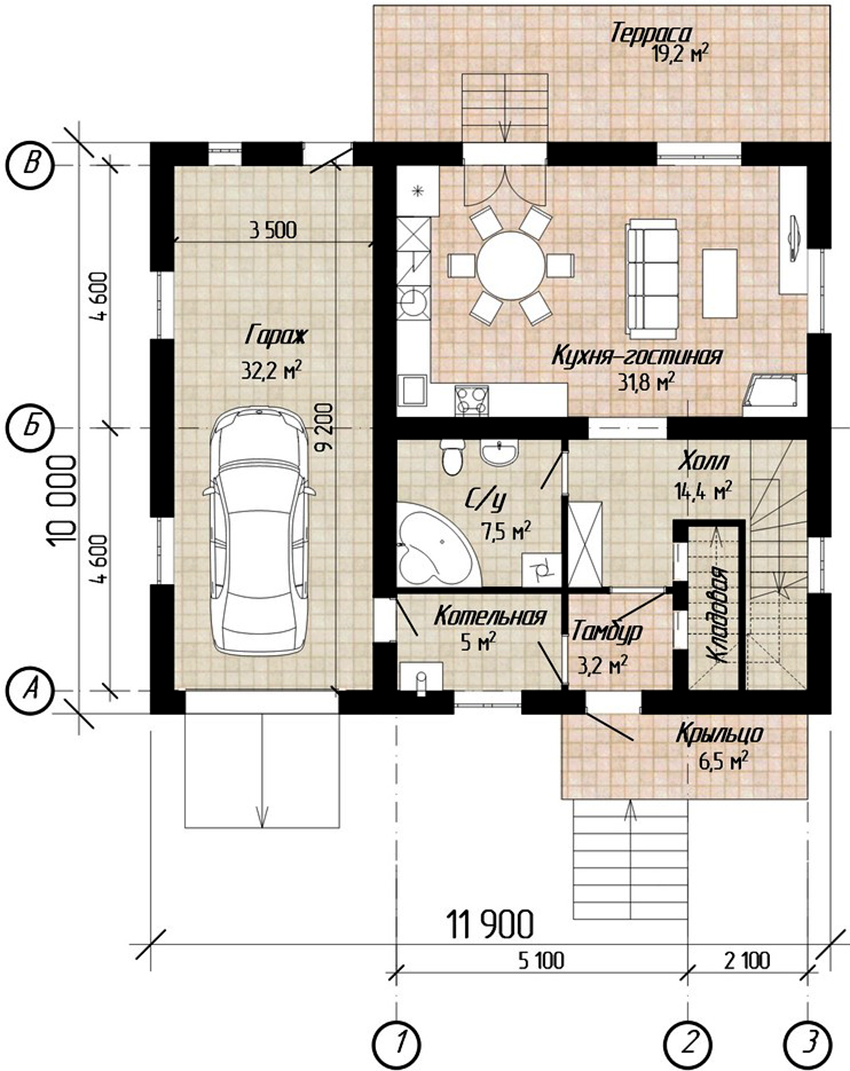 Prosjekt av et etasjes hus med en størrelse på 10x12 meter med garasje for bil Prosjekt av et etasjes hus med en størrelse på 10x12 meter med garasje for bil