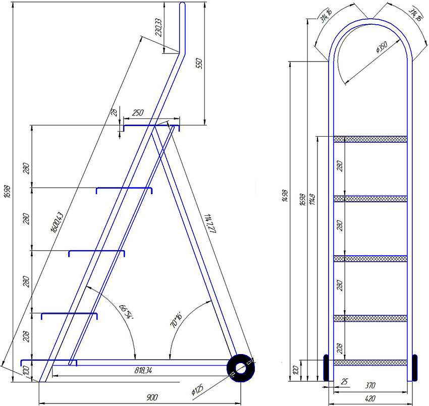 Чертеж на дървена стълба за пет стъпки Чертеж на дървена стълба за пет стъпки