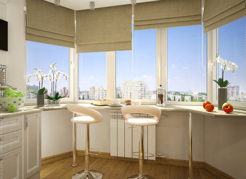 Первазът на прозореца, който е бар брояч, предполага наличието на столове с подложки за крака, съответстващи по височина Первазът на прозореца, който е бар брояч, предполага наличието на столове с подложки за крака, съответстващи по височина