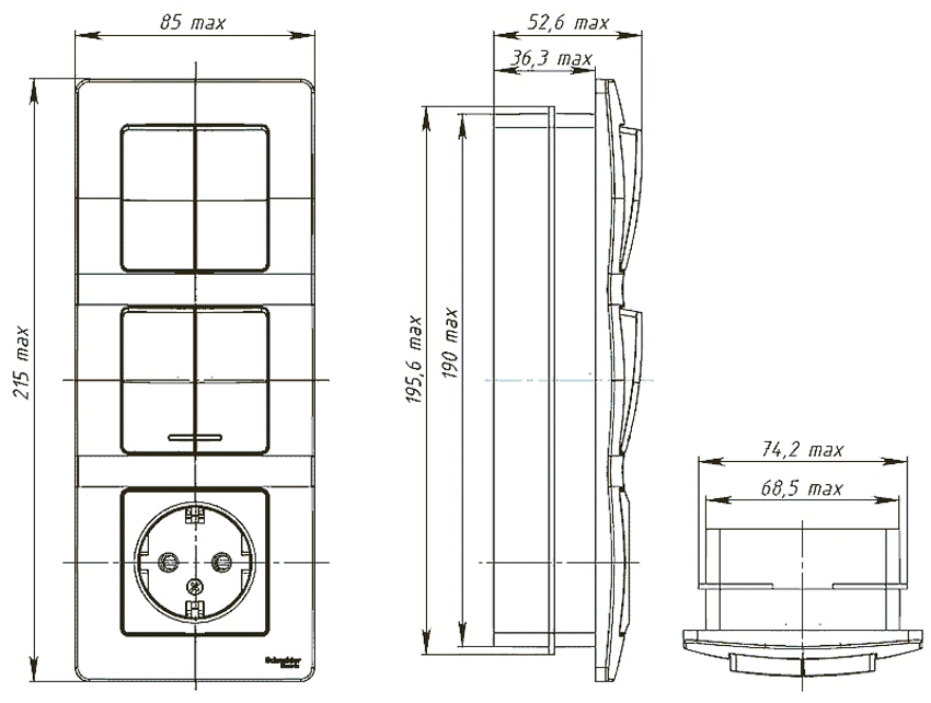 Dimenzije trostruke jedinice s utičnicom i prekidačima Dimenzije trostruke jedinice s utičnicom i prekidačima