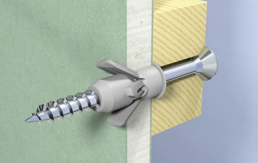 Placeringen af dyvel og selvskærende skrue inde i en gipsvægsstruktur Placeringen af dyvel og selvskærende skrue inde i en gipsvægsstruktur